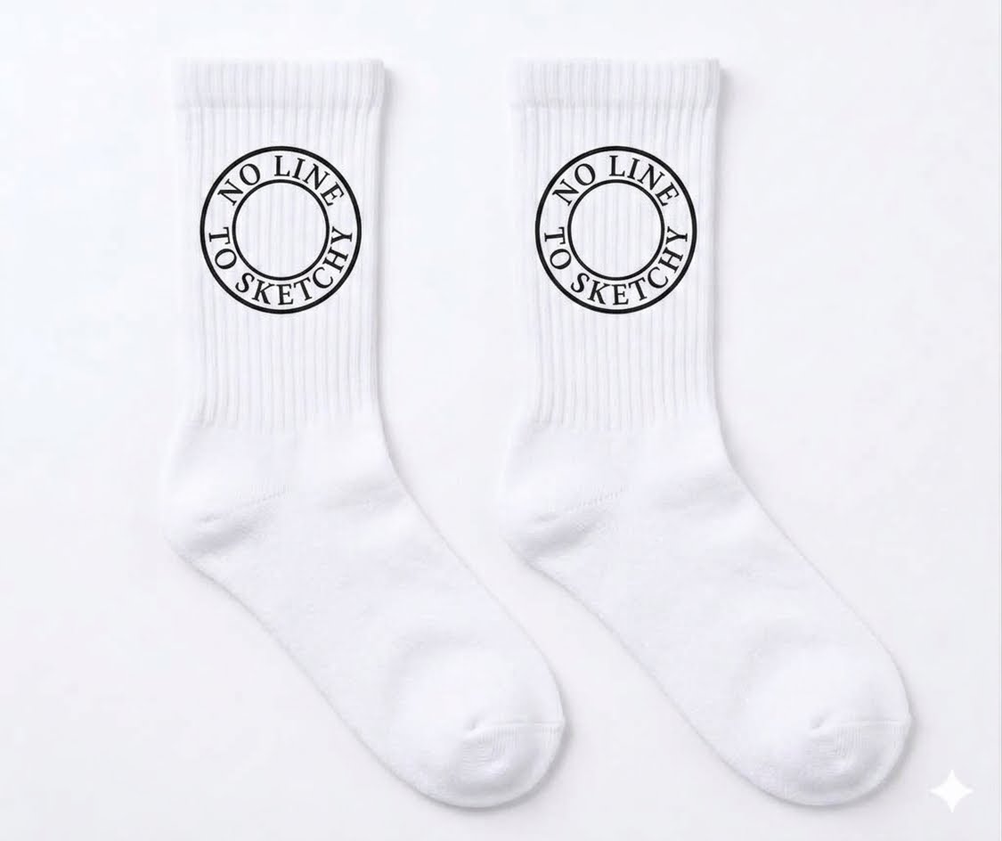 No Line To Sketchy" Crew Socks - White